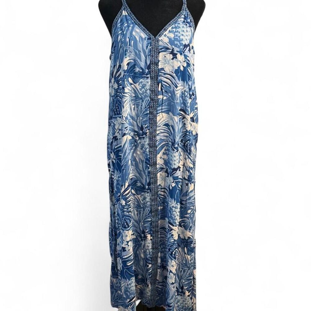 70s Boho Coastal Grandmother Naturecore Blue Tropical Maxi Dress Embroidered